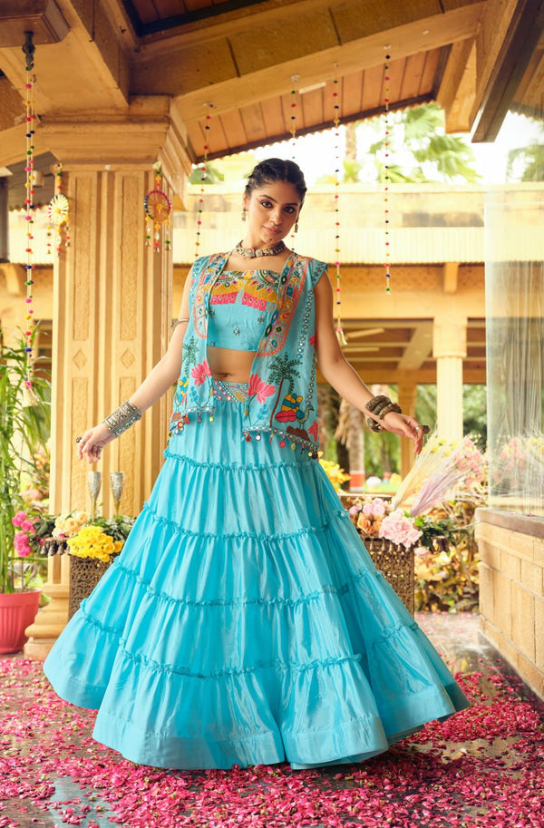 Traditional Wear Sky Blue Color Embroidery Work Lehenga Choli With Koti