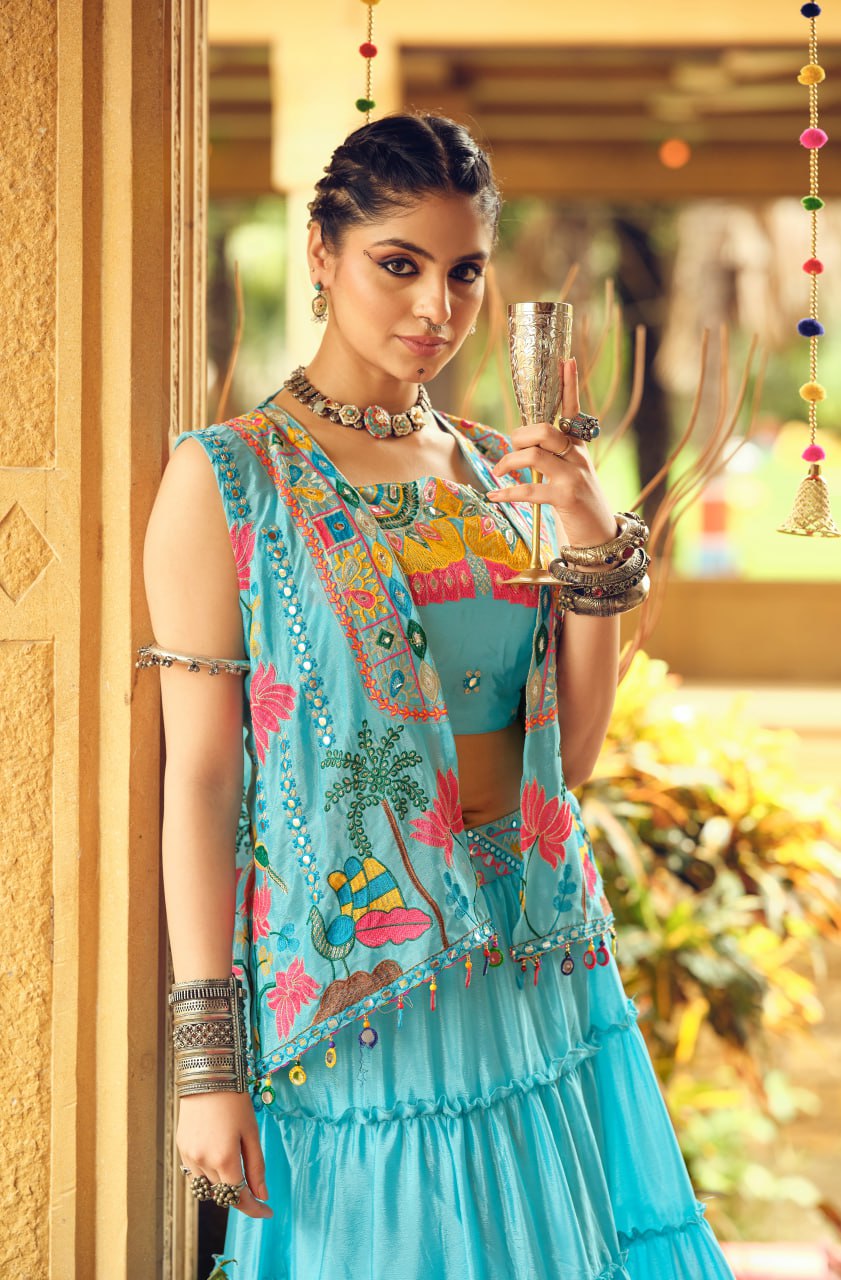 Traditional Wear Sky Blue Color Embroidery Work Lehenga Choli With Koti