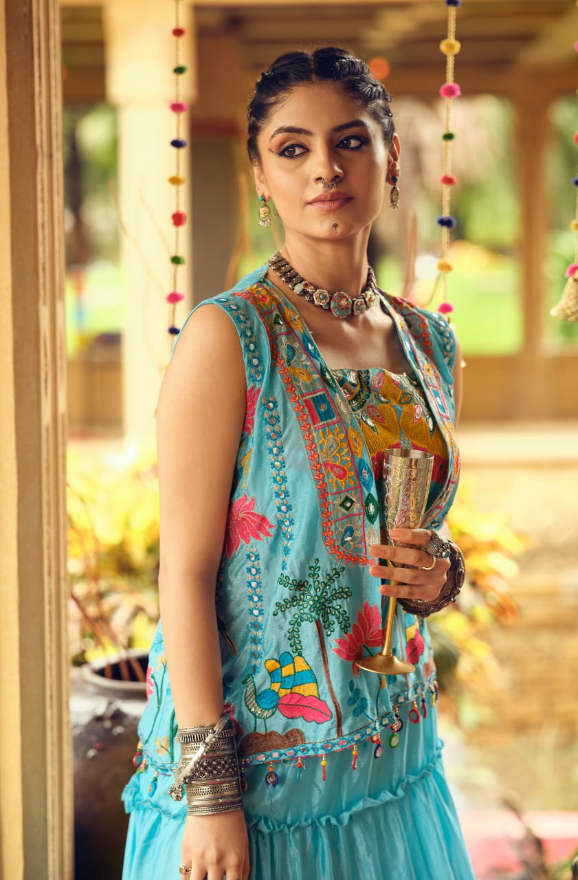 Traditional Wear Sky Blue Color Embroidery Work Lehenga Choli With Koti