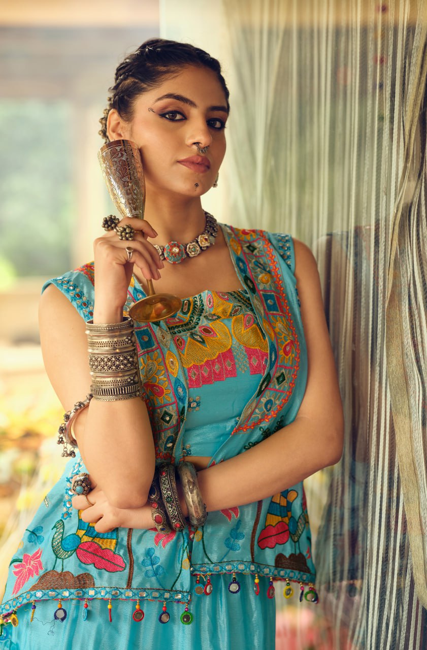 Traditional Wear Sky Blue Color Embroidery Work Lehenga Choli With Koti