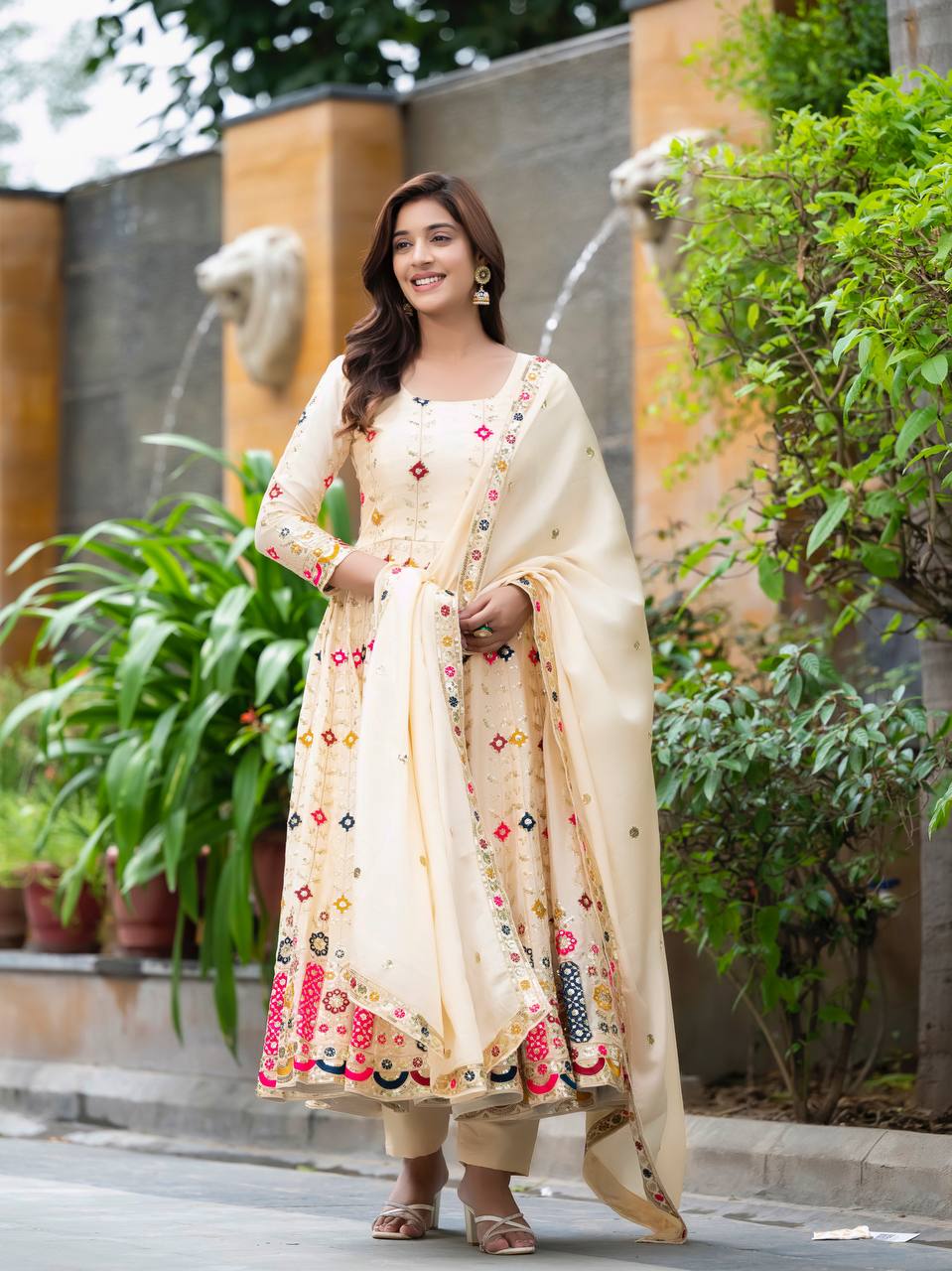 Function Wear Cream Color Pure Chinon Silk Crush With Sequence Embroidery Work Anarkali Suit