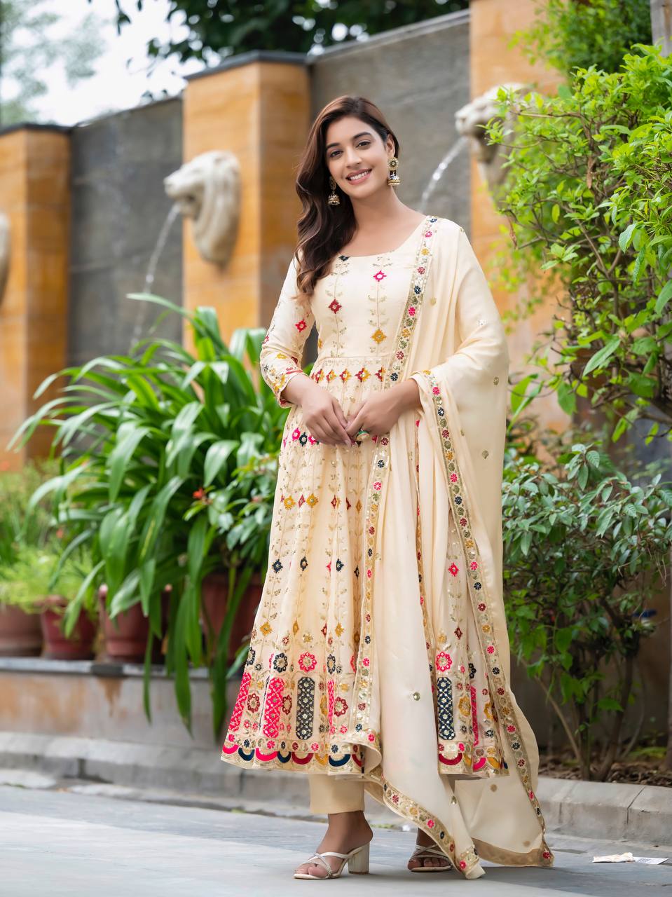 Function Wear Cream Color Pure Chinon Silk Crush With Sequence Embroidery Work Anarkali Suit