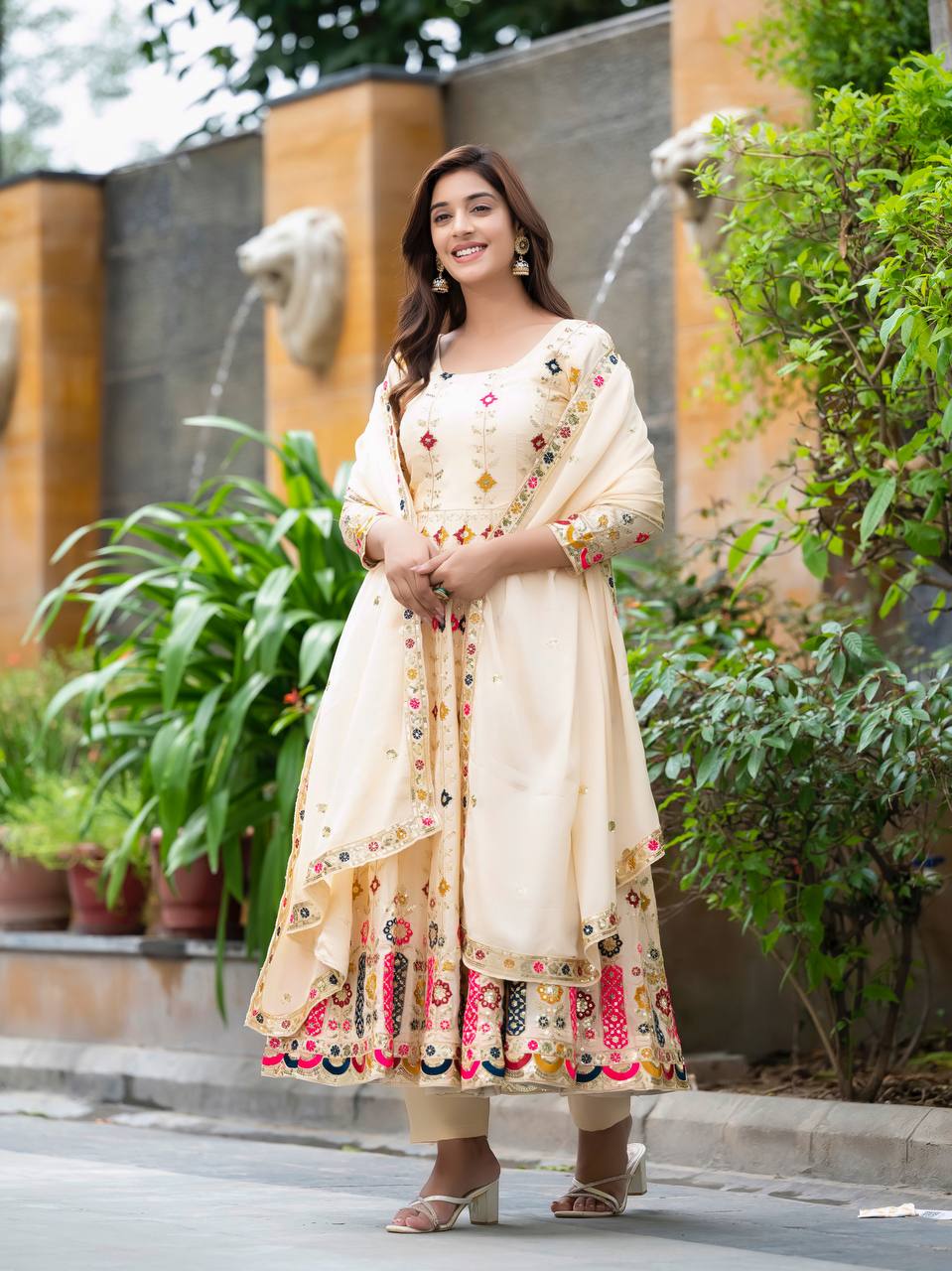 Function Wear Cream Color Pure Chinon Silk Crush With Sequence Embroidery Work Anarkali Suit