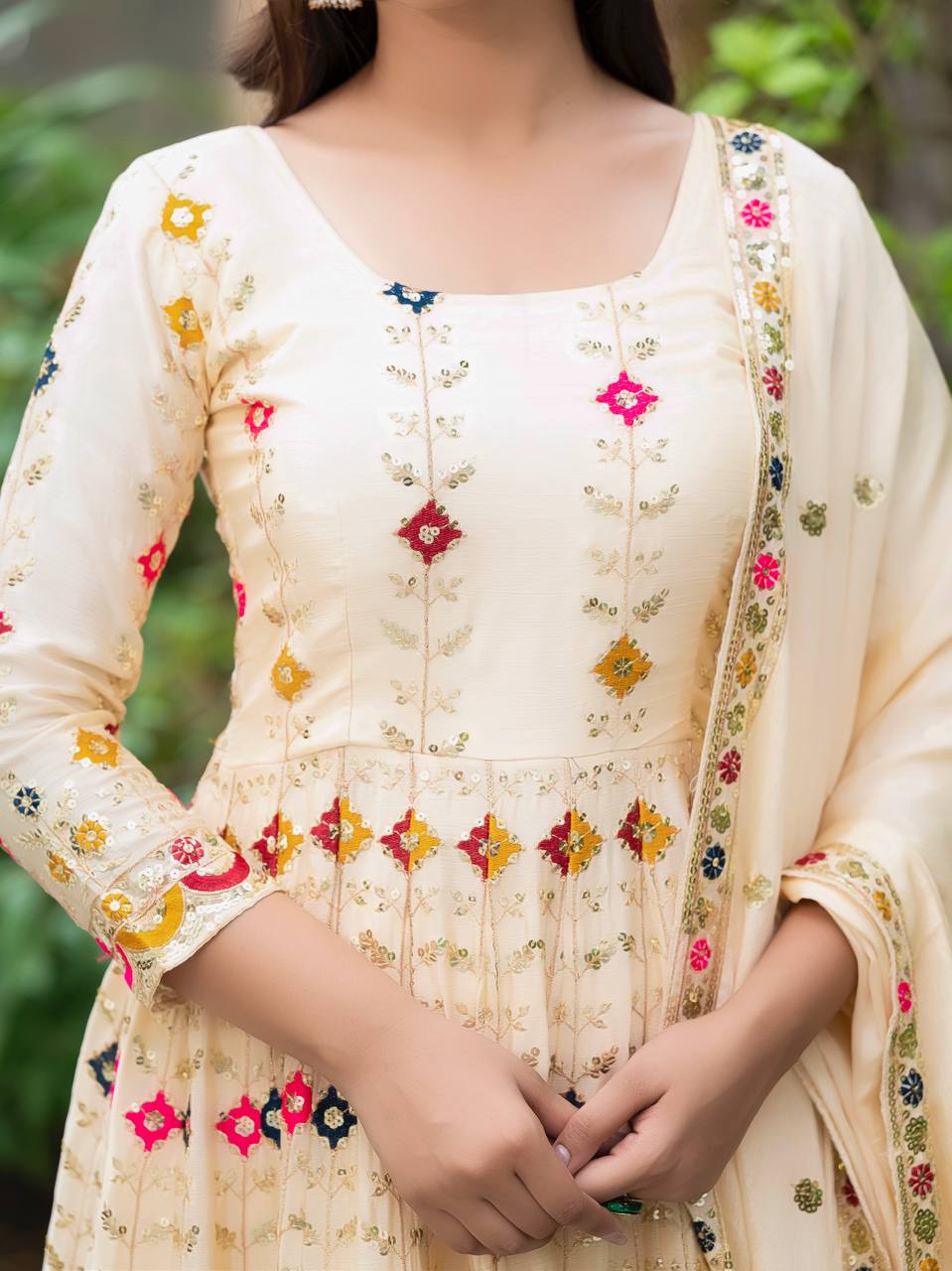 Function Wear Cream Color Pure Chinon Silk Crush With Sequence Embroidery Work Anarkali Suit