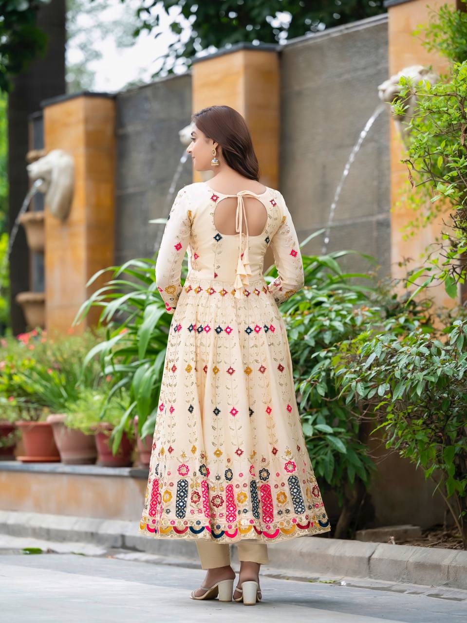 Function Wear Cream Color Pure Chinon Silk Crush With Sequence Embroidery Work Anarkali Suit