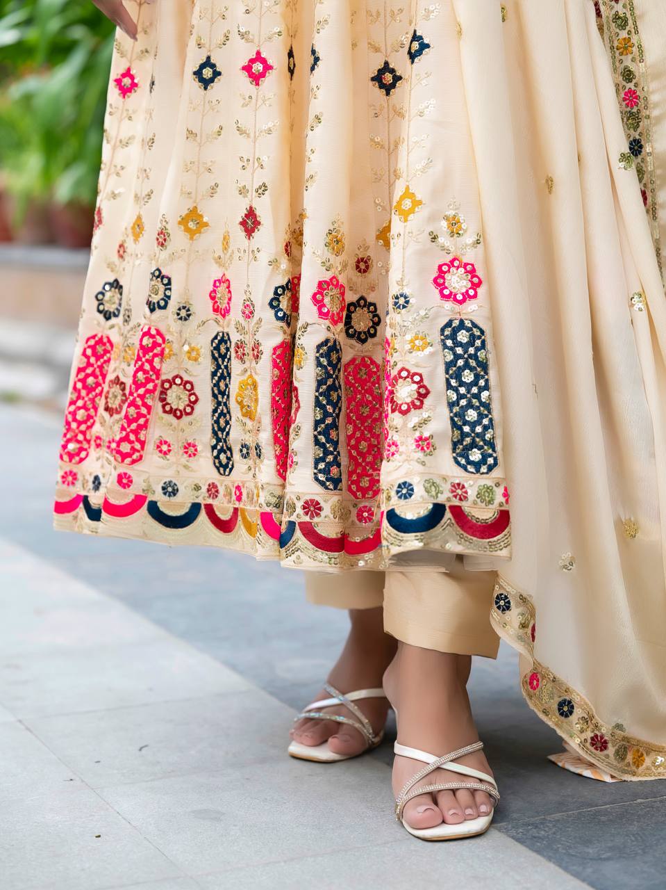 Function Wear Cream Color Pure Chinon Silk Crush With Sequence Embroidery Work Anarkali Suit