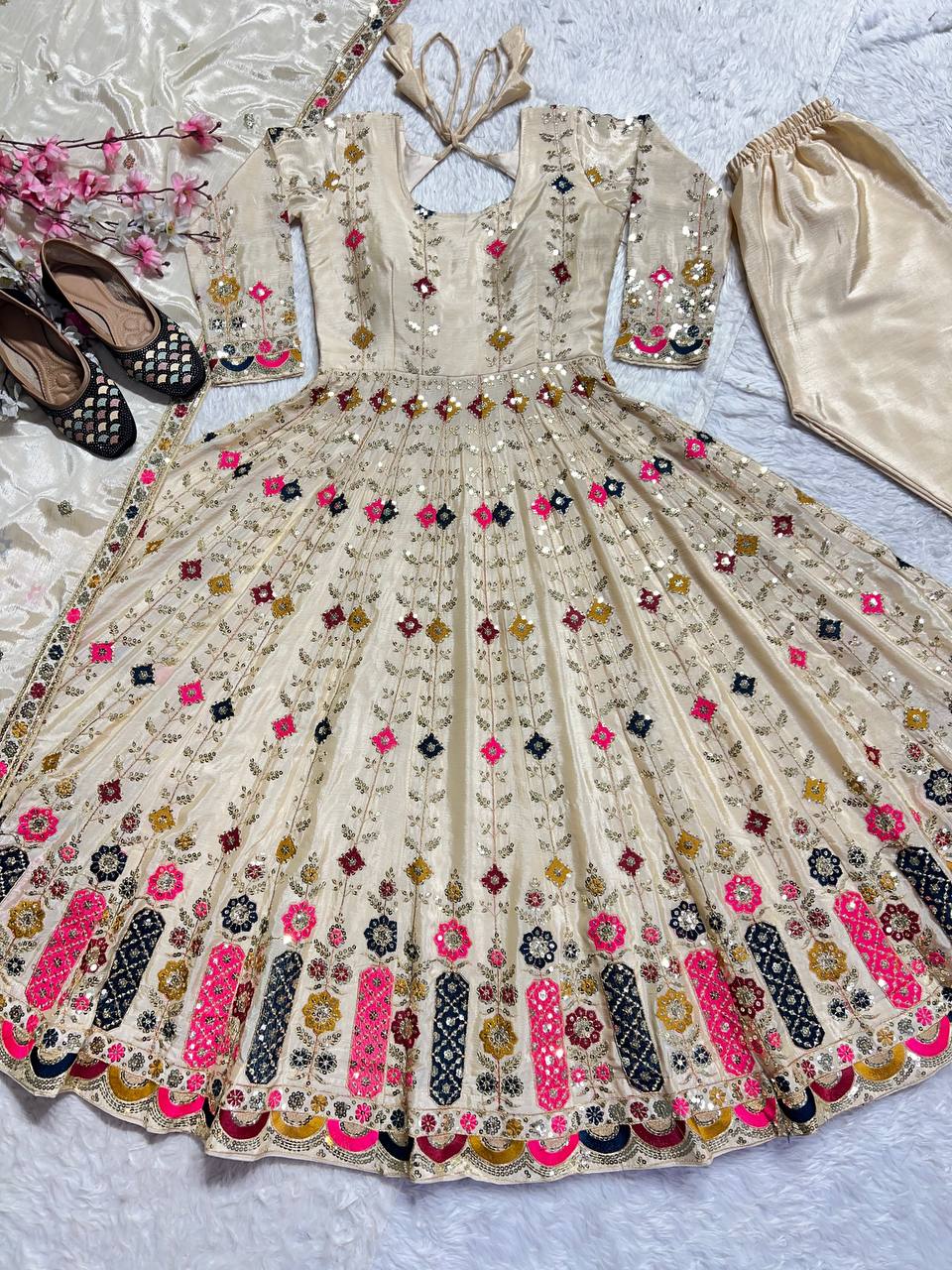 Function Wear Cream Color Pure Chinon Silk Crush With Sequence Embroidery Work Anarkali Suit