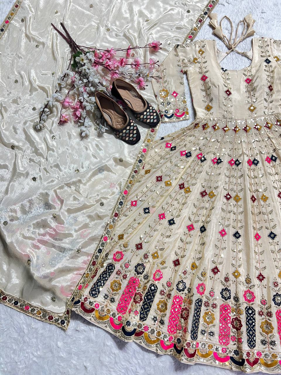 Function Wear Cream Color Pure Chinon Silk Crush With Sequence Embroidery Work Anarkali Suit