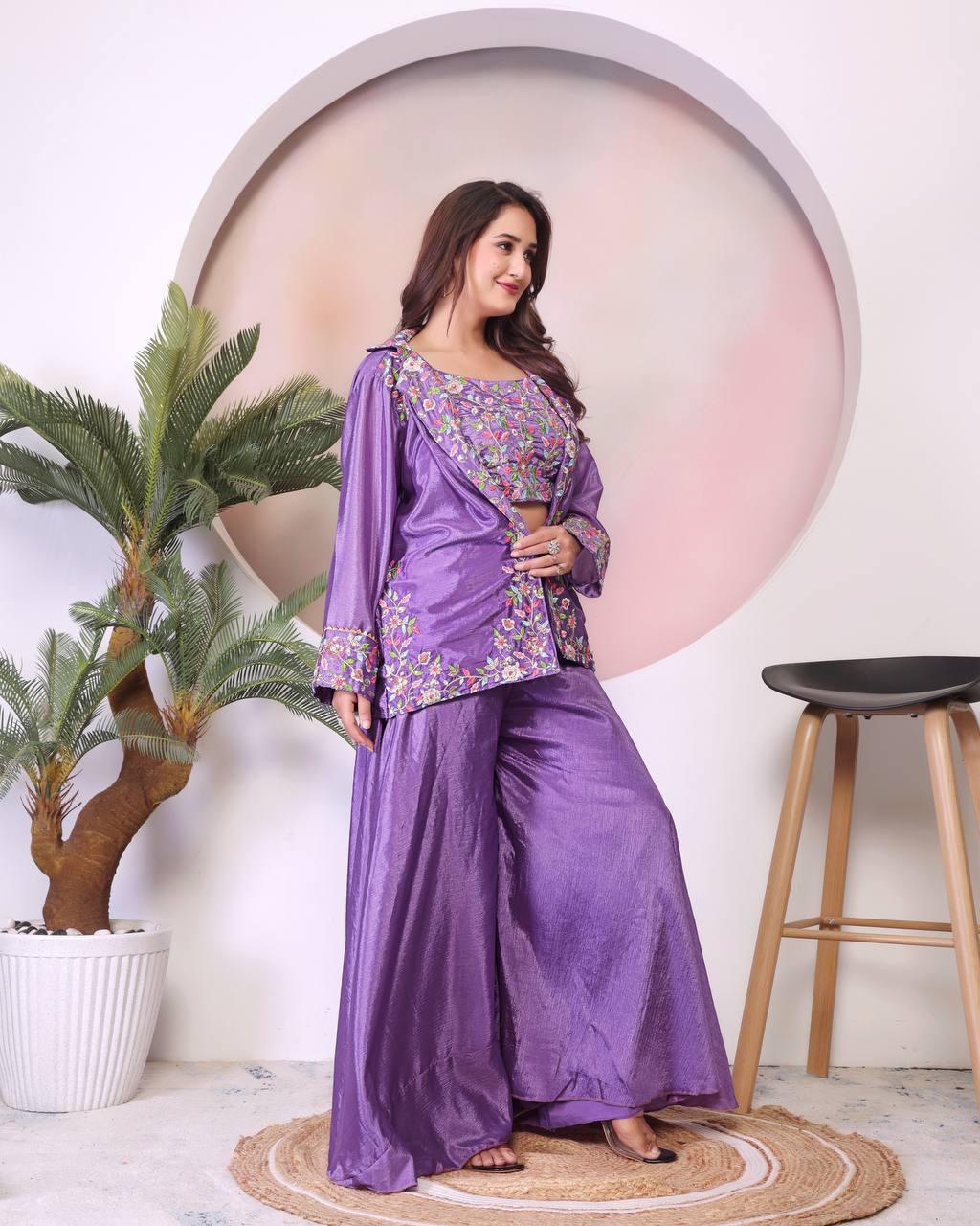 Eyes Catching Purple Color Chinon Silk And Embroidery Theard Work Palazzo Suit