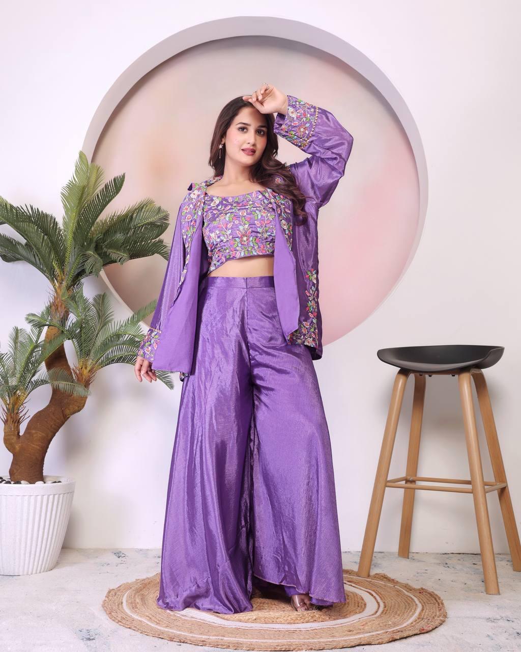 Eyes Catching Purple Color Chinon Silk And Embroidery Theard Work Palazzo Suit