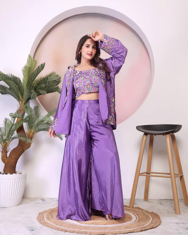 Eyes Catching Purple Color Chinon Silk And Embroidery Theard Work Palazzo Suit