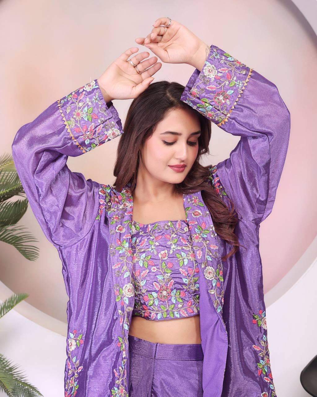Eyes Catching Purple Color Chinon Silk And Embroidery Theard Work Palazzo Suit