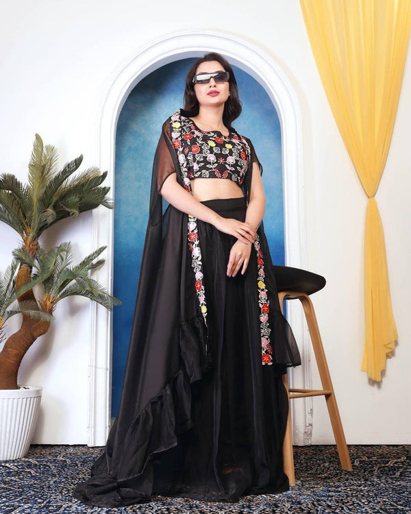 Wedding Wear Black Color Tabby Silk With Embroidery Sequence Work Lehenga Choli