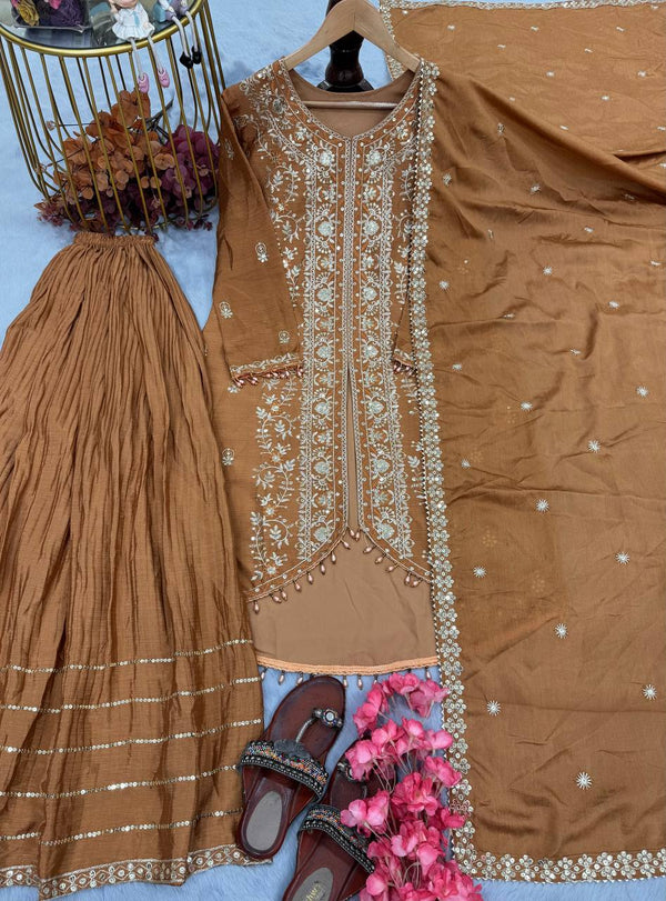 Exclusive Mustard Color Heavy Pure Chinon Silk With Heavy Embroidery Designer Palazzo Suit