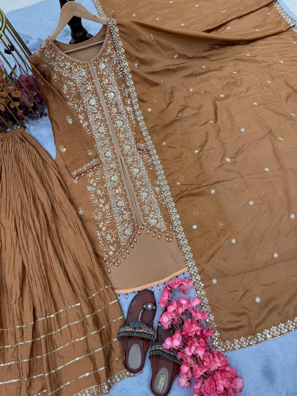 Exclusive Mustard Color Heavy Pure Chinon Silk With Heavy Embroidery Designer Palazzo Suit