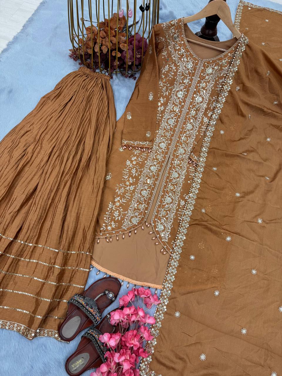 Exclusive Mustard Color Heavy Pure Chinon Silk With Heavy Embroidery Designer Palazzo Suit