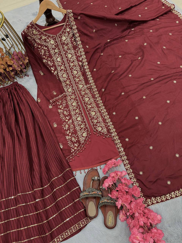 Exclusive Maroon Color Heavy Pure Chinon Silk With Heavy Embroidery Designer Palazzo Suit