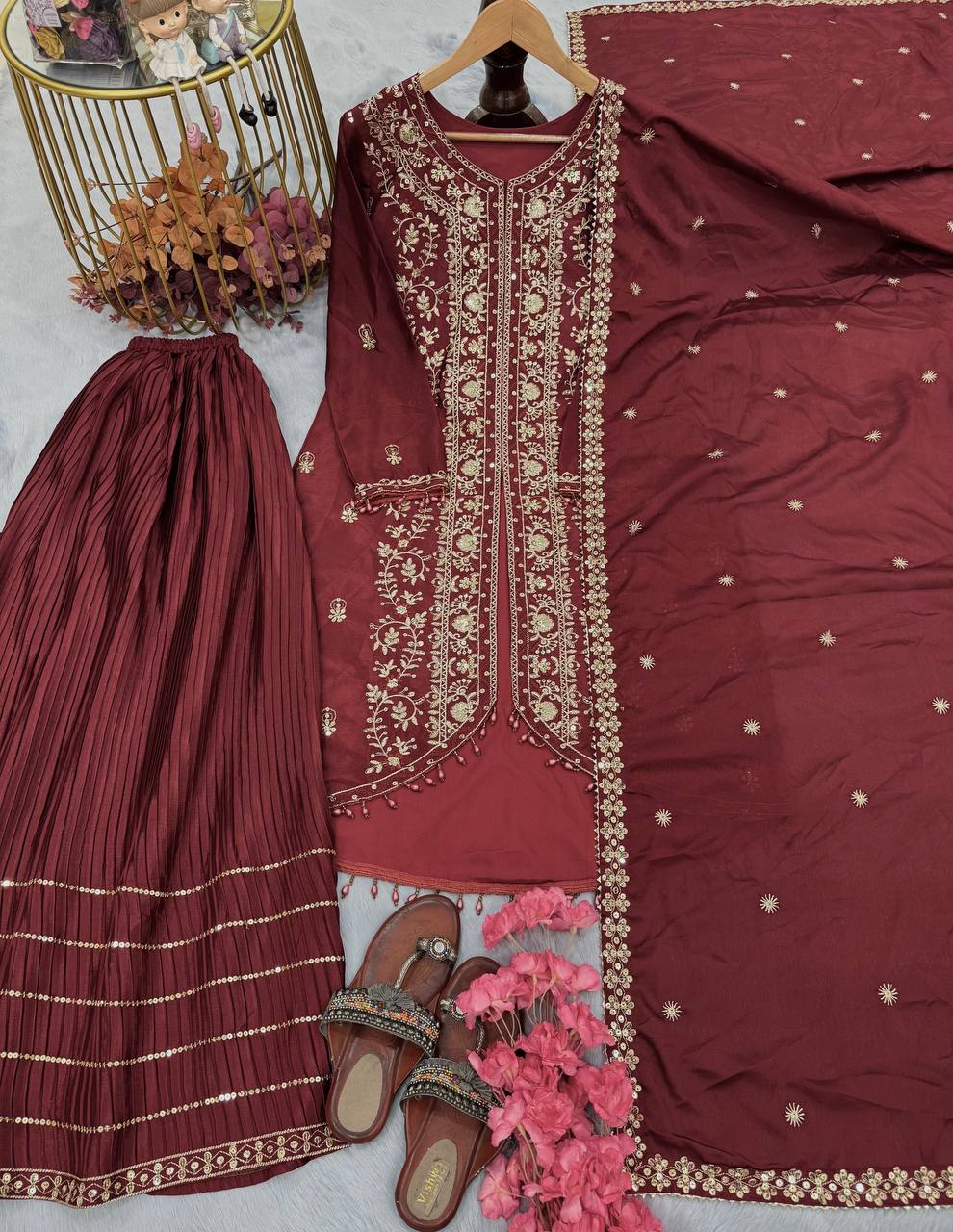 Exclusive Maroon Color Heavy Pure Chinon Silk With Heavy Embroidery Designer Palazzo Suit