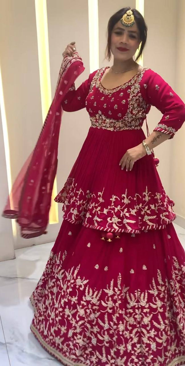 Beautiful Red Color Embroidered Kediya Style Top With Designer Lehenga