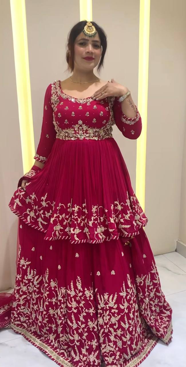 Beautiful Red Color Embroidered Kediya Style Top With Designer Lehenga