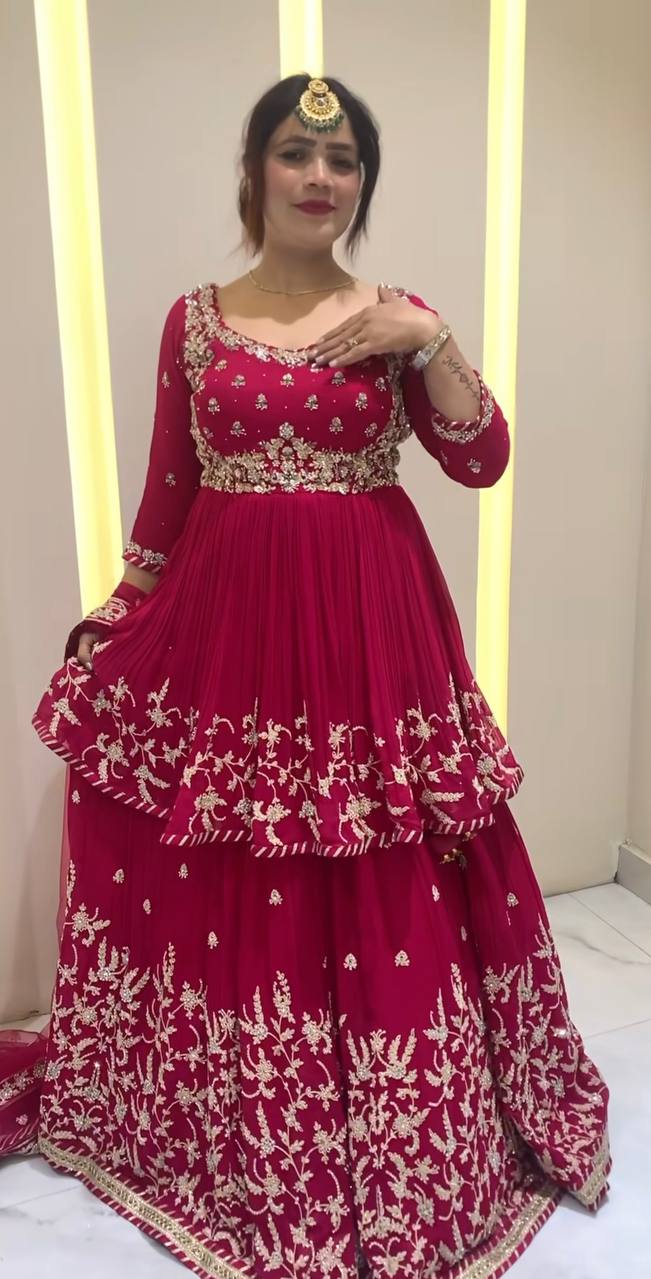Beautiful Red Color Embroidered Kediya Style Top With Designer Lehenga