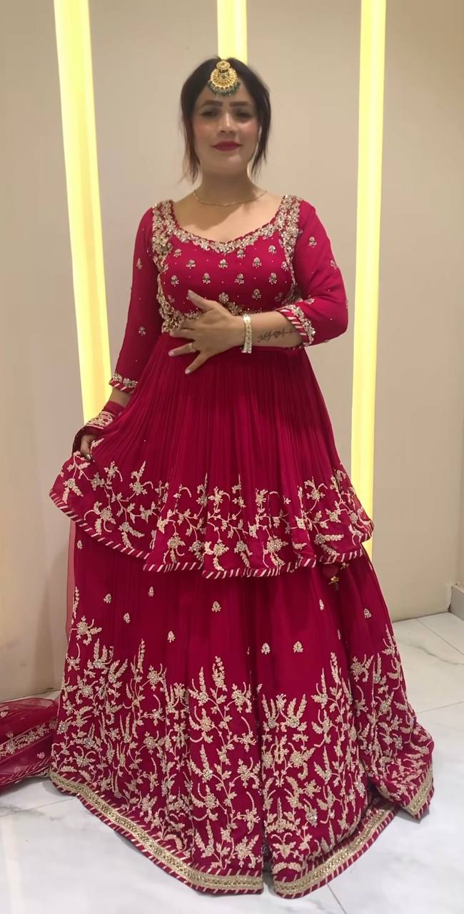 Beautiful Red Color Embroidered Kediya Style Top With Designer Lehenga