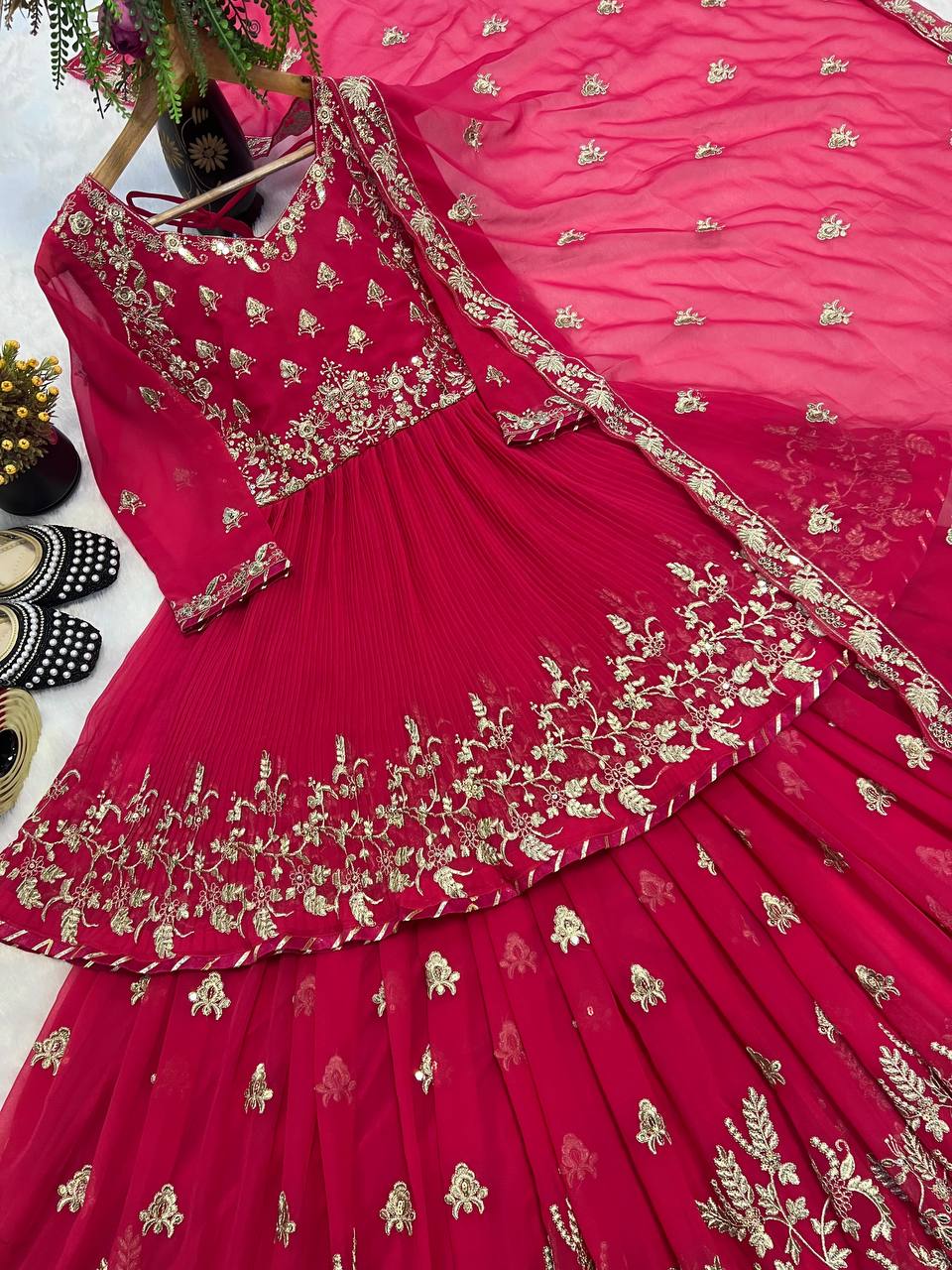 Beautiful Red Color Embroidered Kediya Style Top With Designer Lehenga