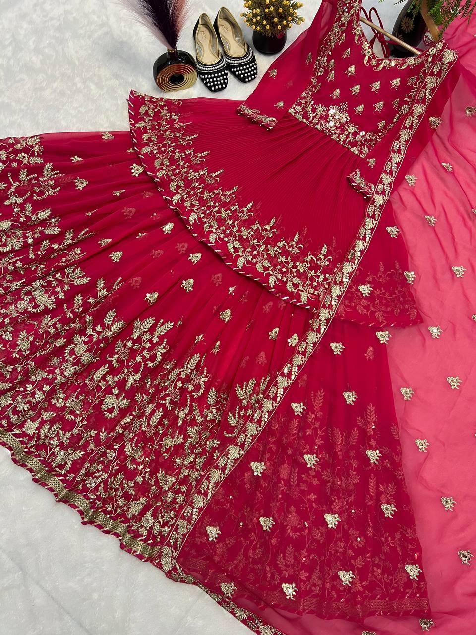 Beautiful Red Color Embroidered Kediya Style Top With Designer Lehenga