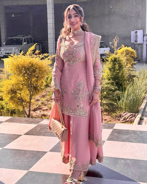 Superhit Light Pink Pure Chinon With Embroidery Sequence Work Palazzo Suit