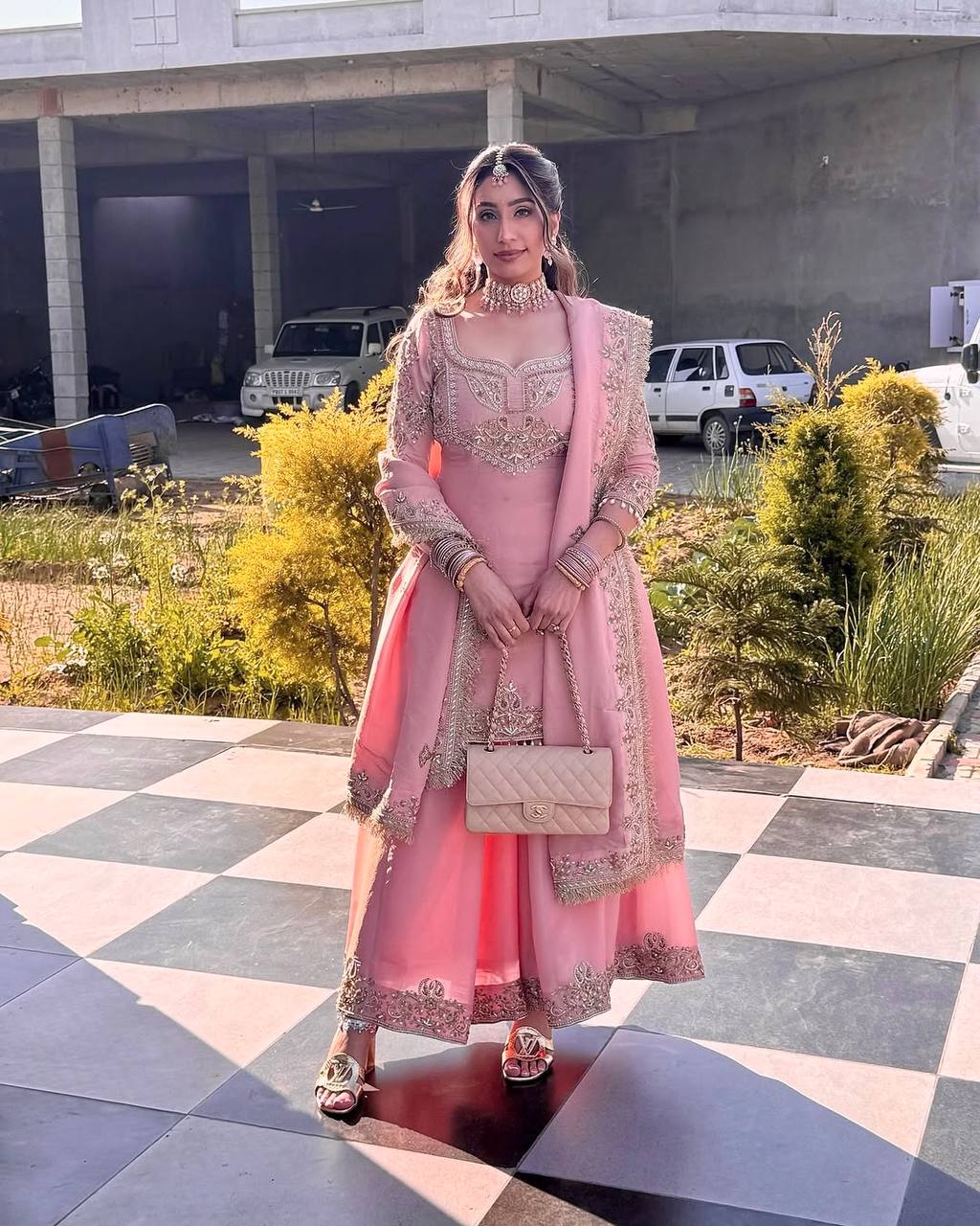Superhit Light Pink Pure Chinon With Embroidery Sequence Work Palazzo Suit