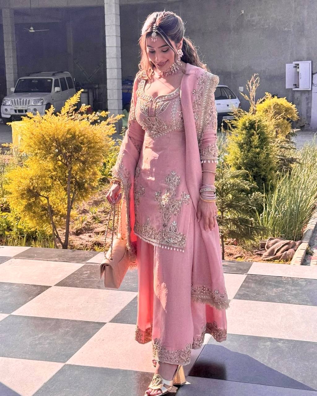 Superhit Light Pink Pure Chinon With Embroidery Sequence Work Palazzo Suit