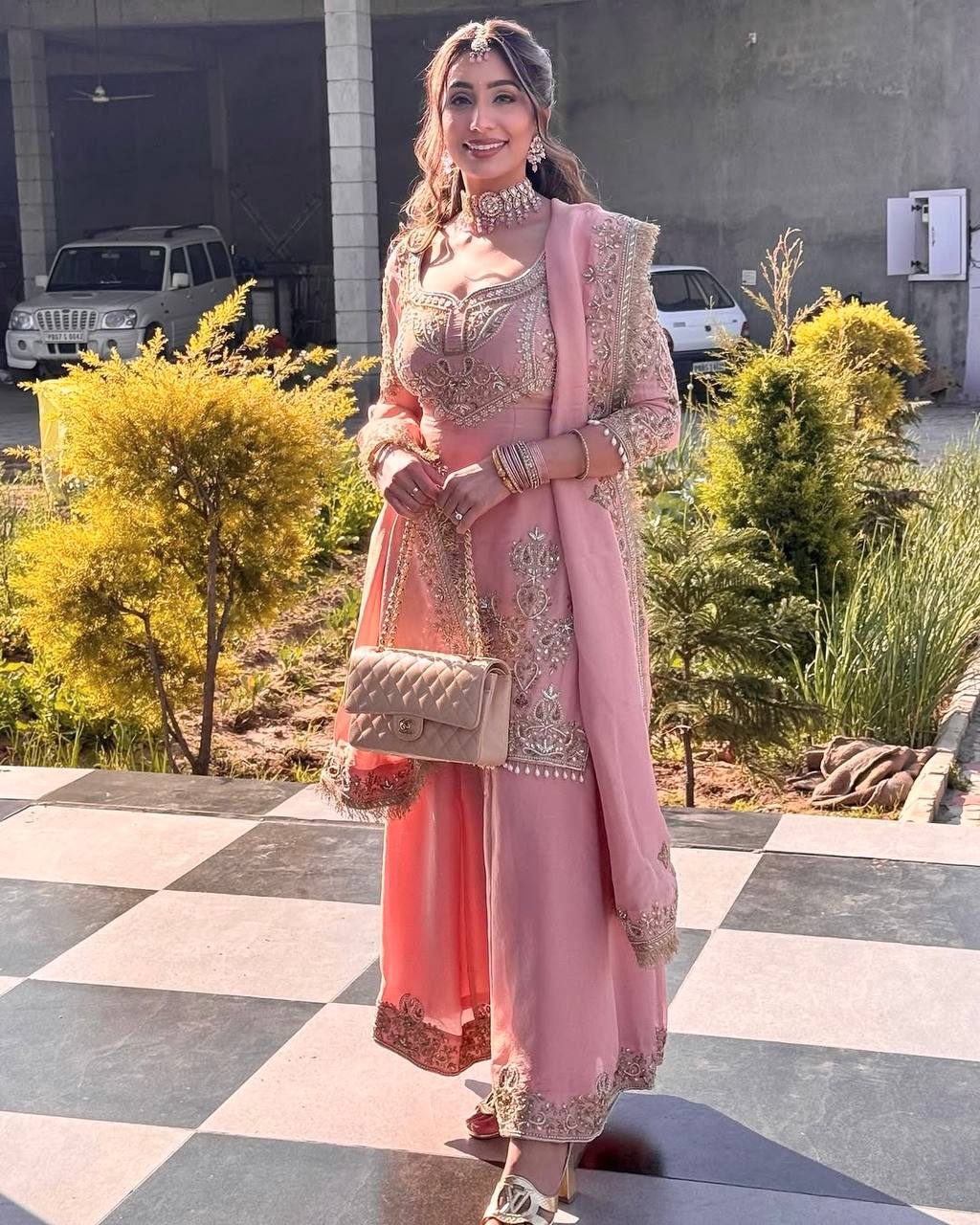 Superhit Light Pink Pure Chinon With Embroidery Sequence Work Palazzo Suit