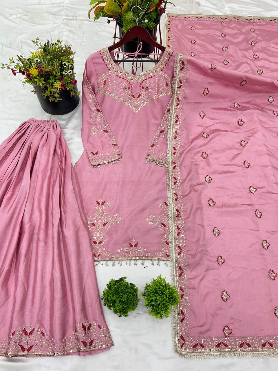 Superhit Light Pink Pure Chinon With Embroidery Sequence Work Palazzo Suit