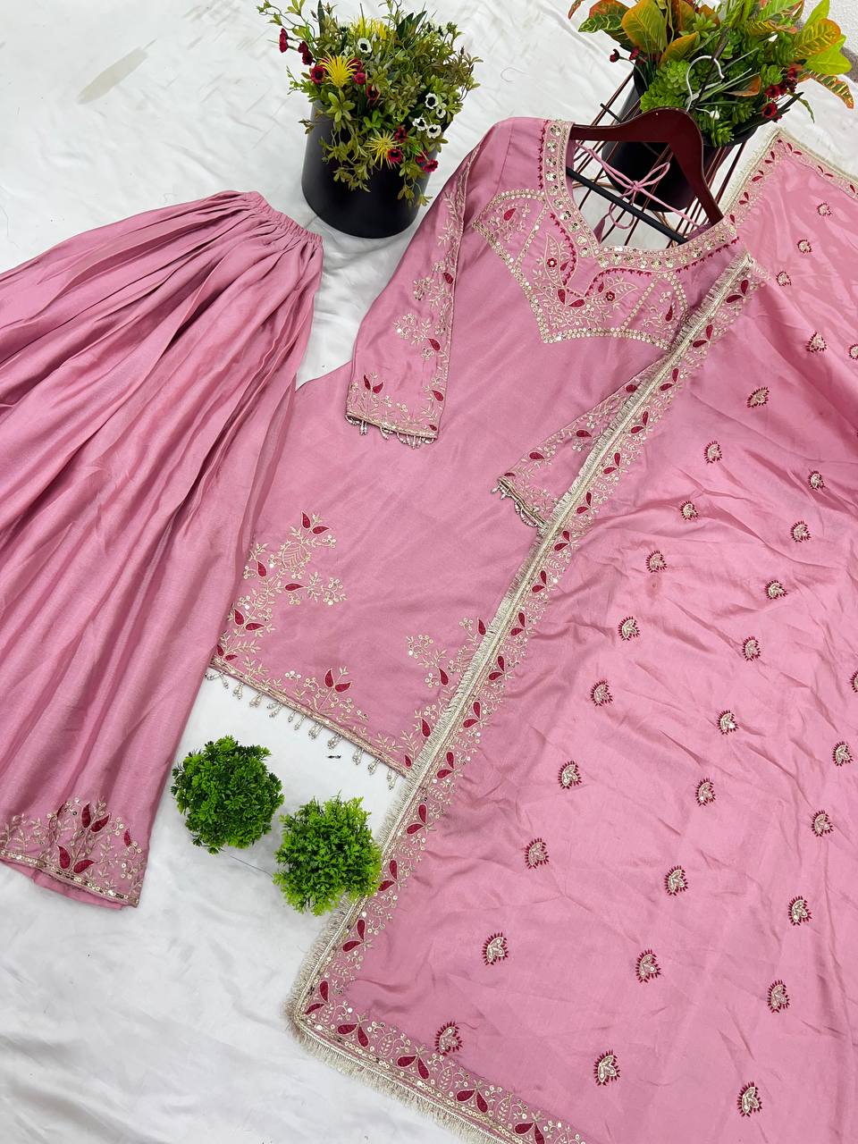 Superhit Light Pink Pure Chinon With Embroidery Sequence Work Palazzo Suit