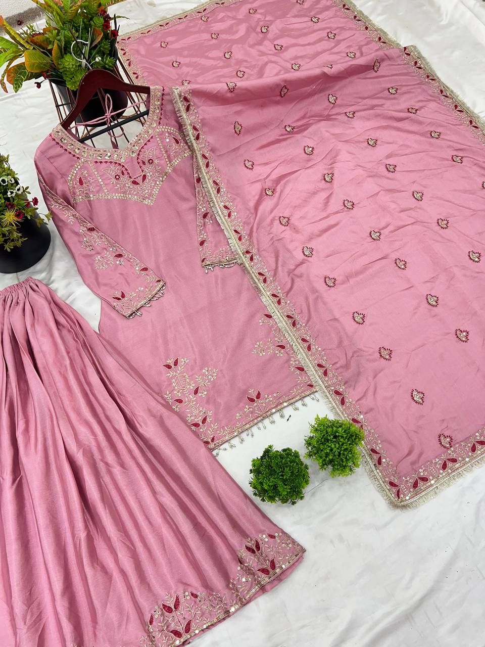 Superhit Light Pink Pure Chinon With Embroidery Sequence Work Palazzo Suit