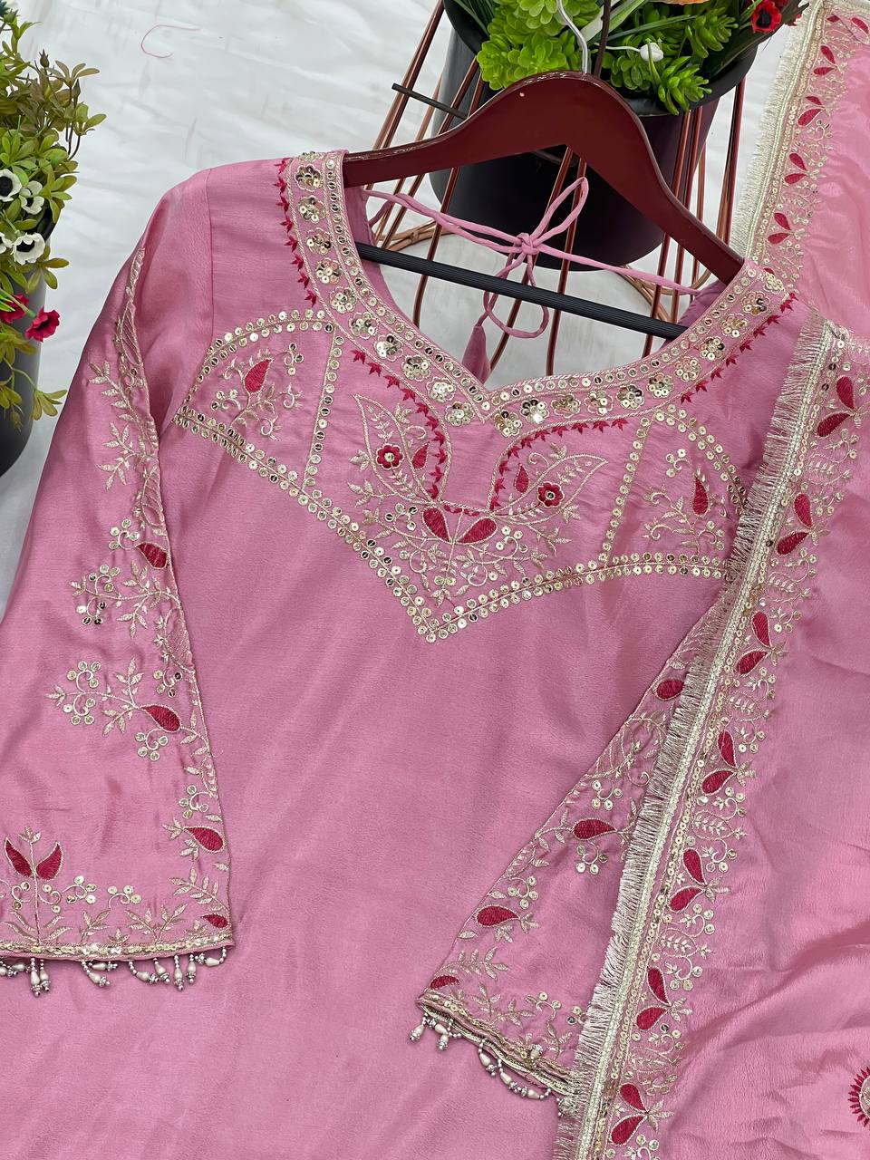 Superhit Light Pink Pure Chinon With Embroidery Sequence Work Palazzo Suit