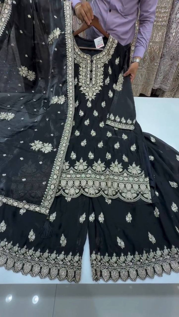 Elegant Black Color Sequins Embroidered Work Designer Palazzo Suit