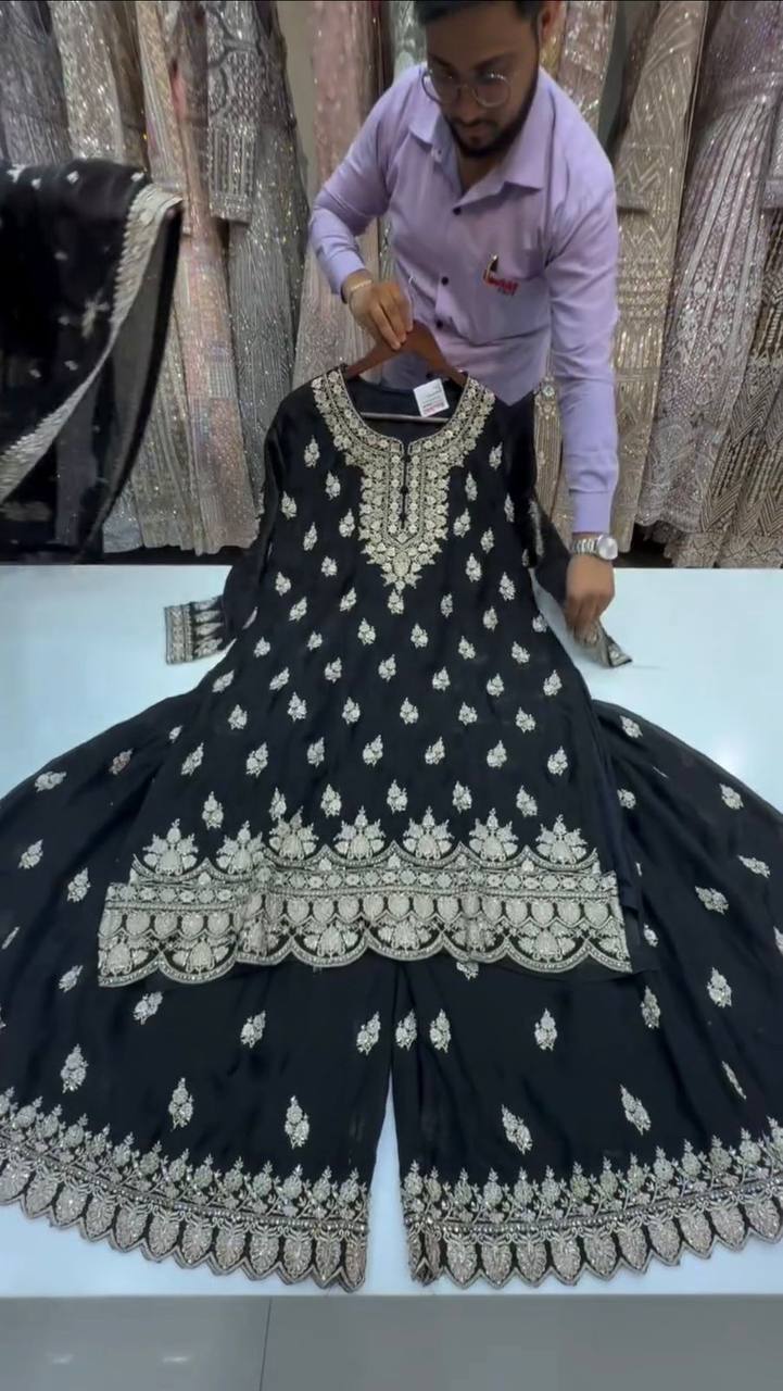 Elegant Black Color Sequins Embroidered Work Designer Palazzo Suit