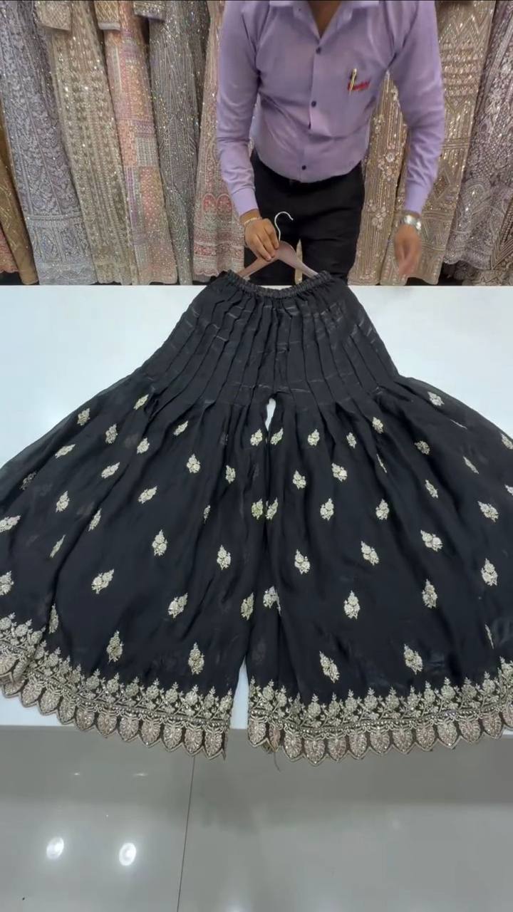 Elegant Black Color Sequins Embroidered Work Designer Palazzo Suit