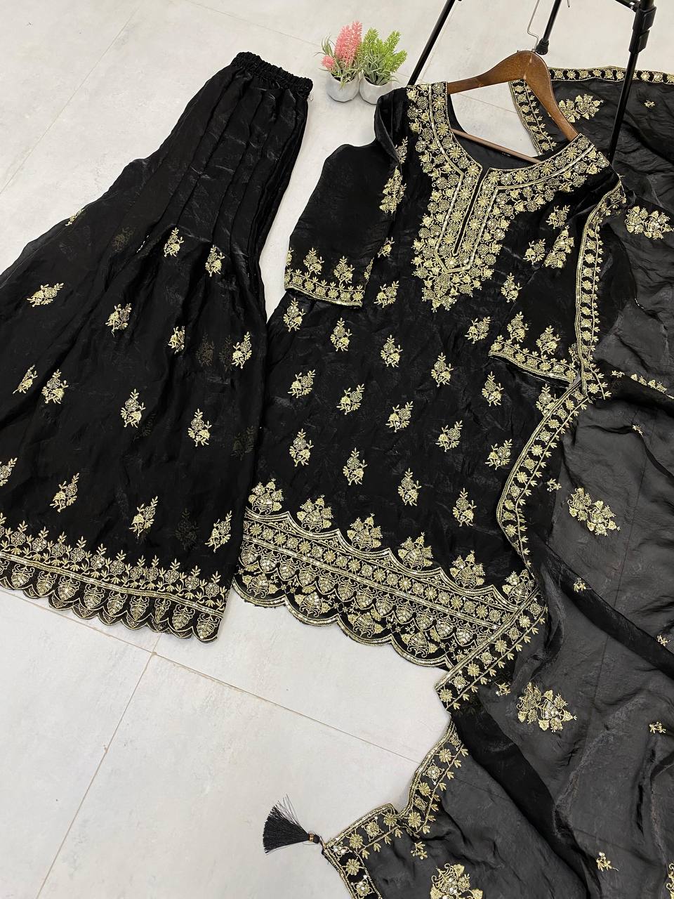 Elegant Black Color Sequins Embroidered Work Designer Palazzo Suit