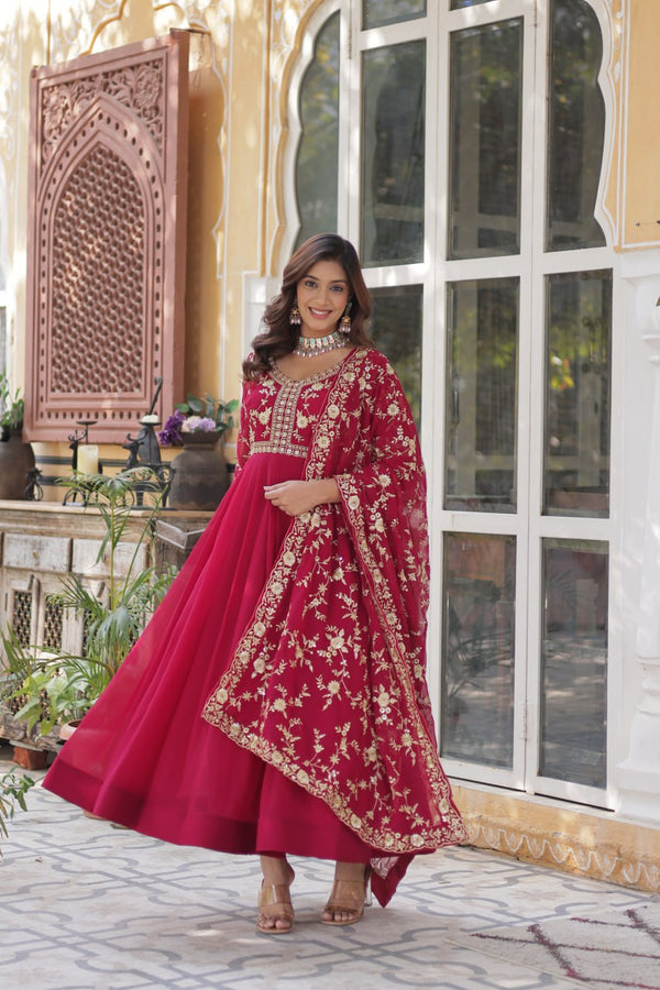 Party Wear Pink Faux Blooming With Sequins Multi And Zari Embroidered Work Gown