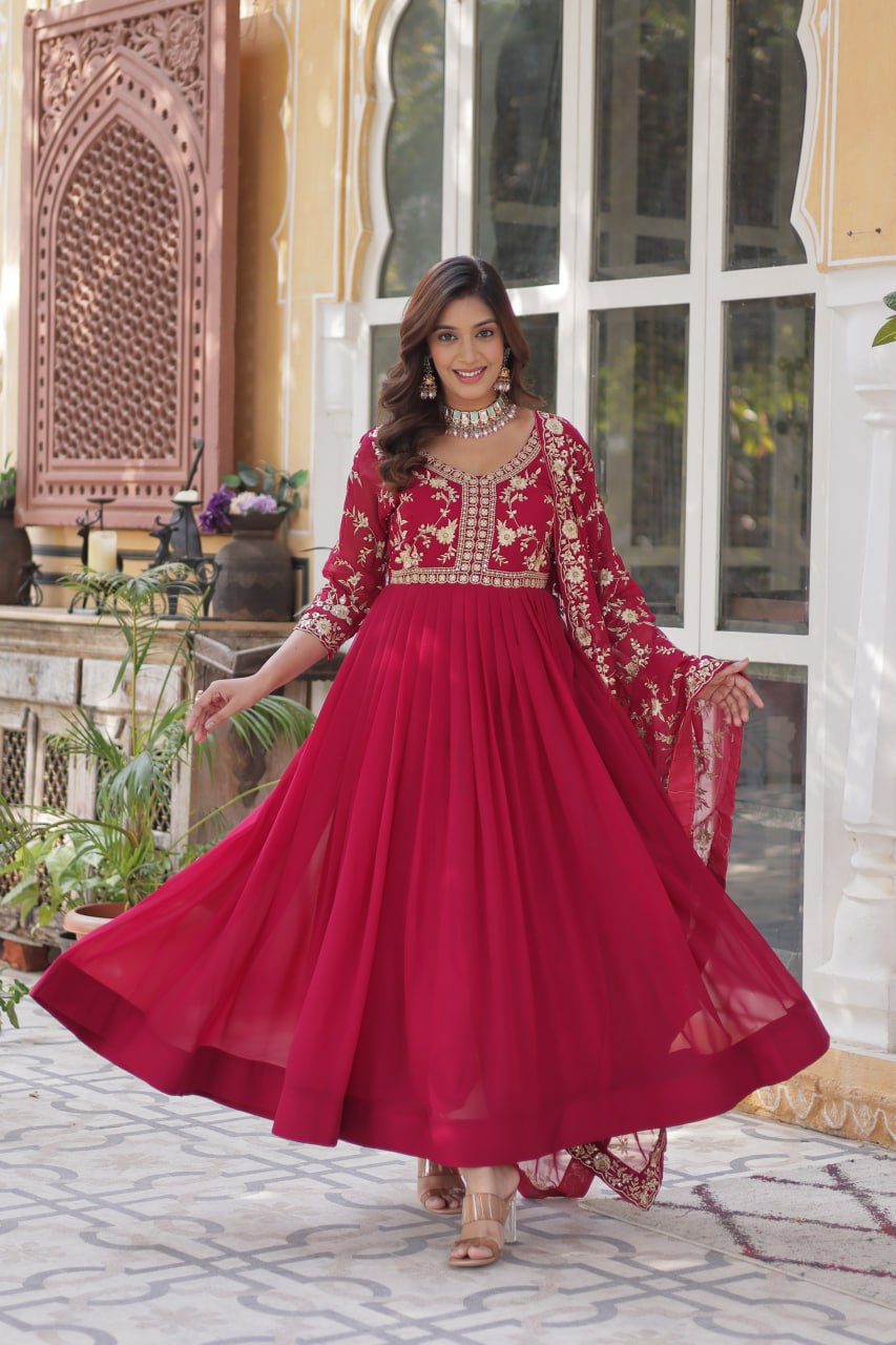 Party Wear Pink Faux Blooming With Sequins Multi And Zari Embroidered Work Gown