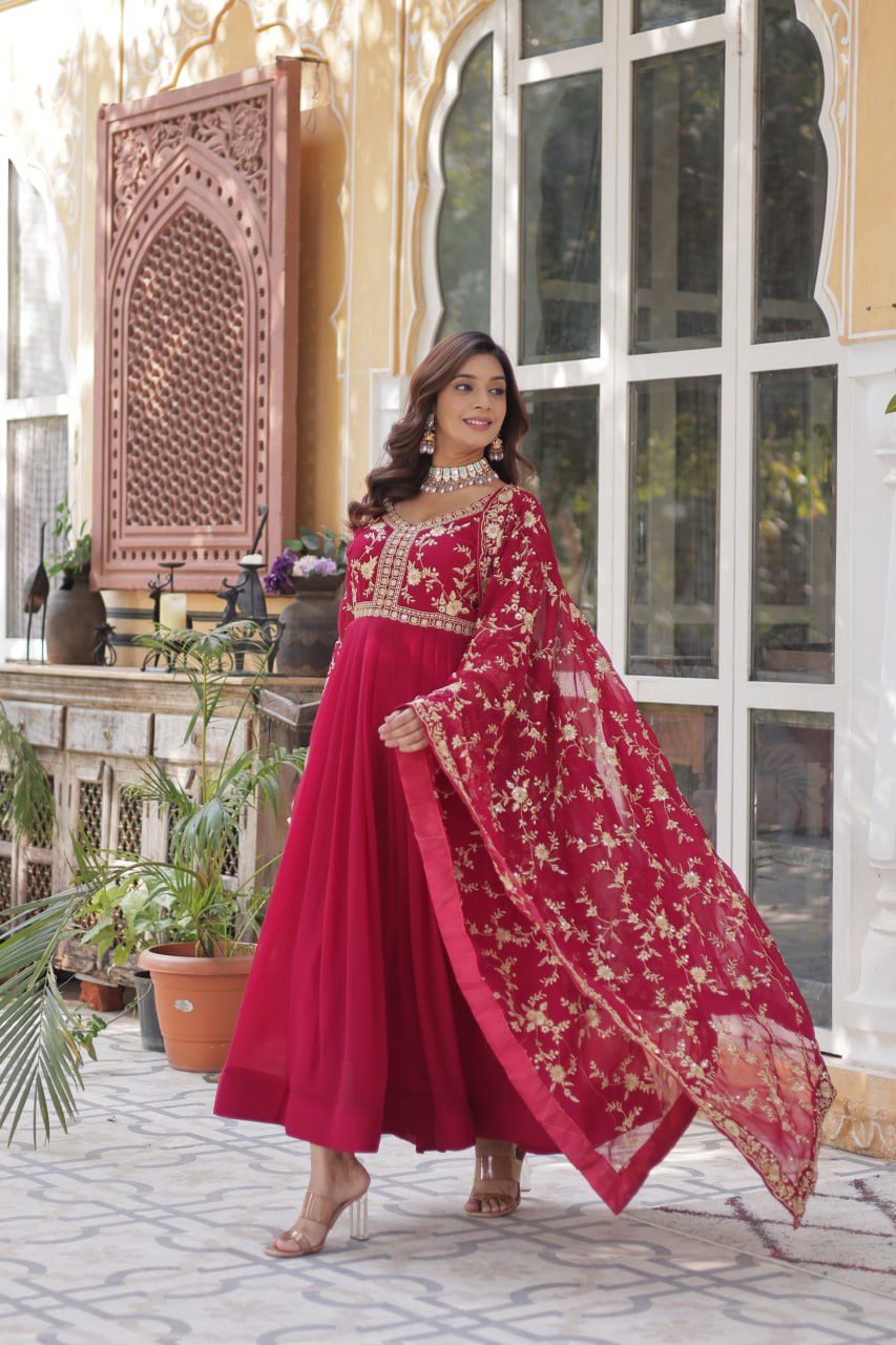 Party Wear Pink Faux Blooming With Sequins Multi And Zari Embroidered Work Gown