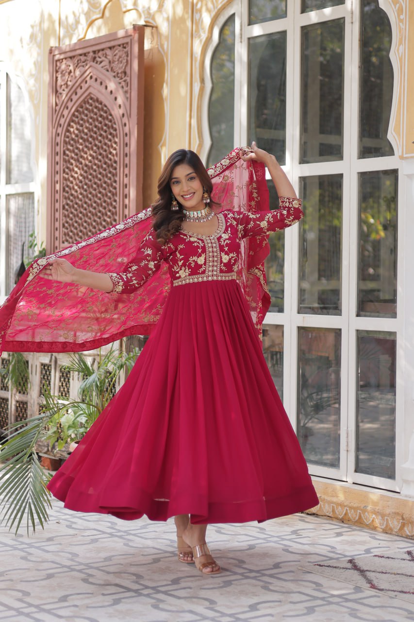 Party Wear Pink Faux Blooming With Sequins Multi And Zari Embroidered Work Gown