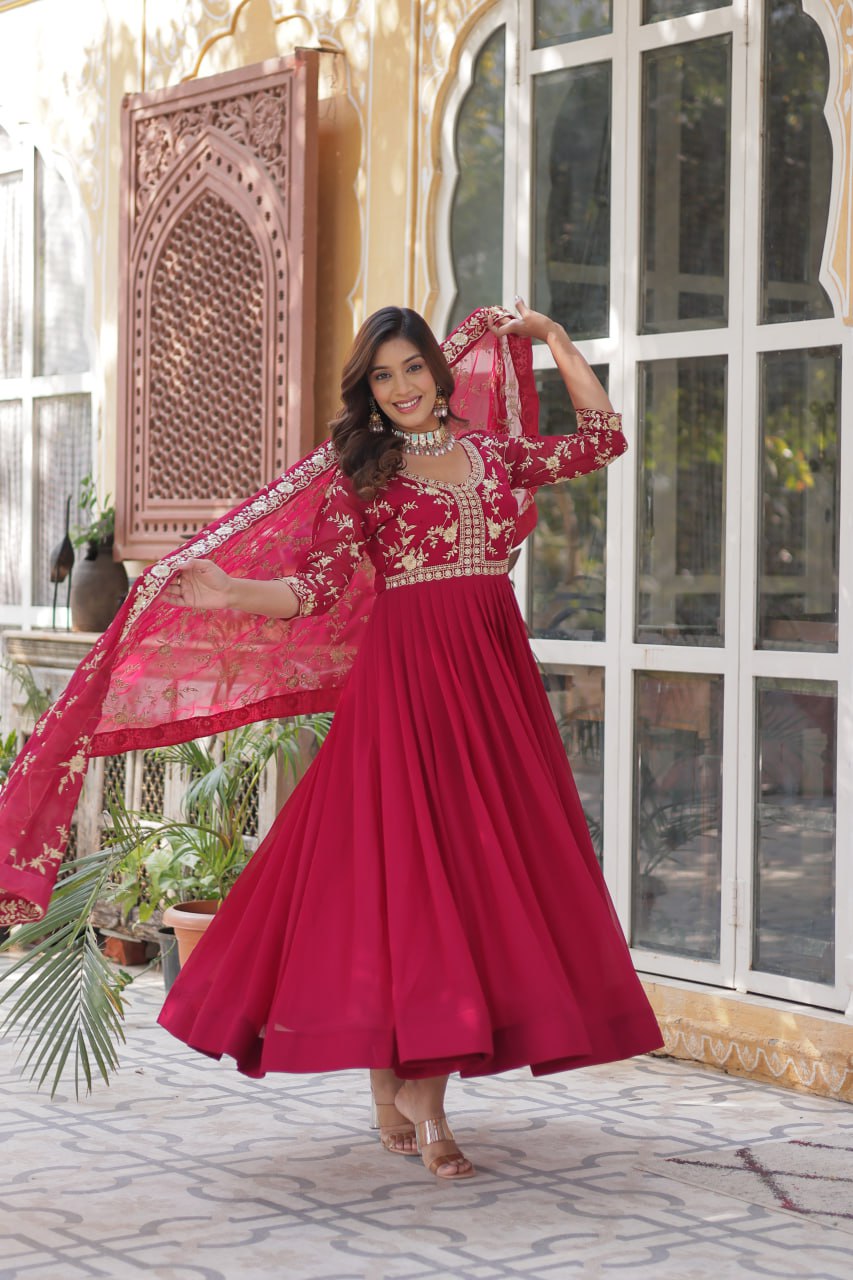 Party Wear Pink Faux Blooming With Sequins Multi And Zari Embroidered Work Gown