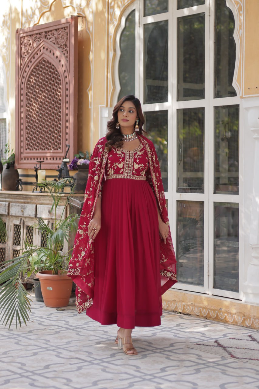 Party Wear Pink Faux Blooming With Sequins Multi And Zari Embroidered Work Gown