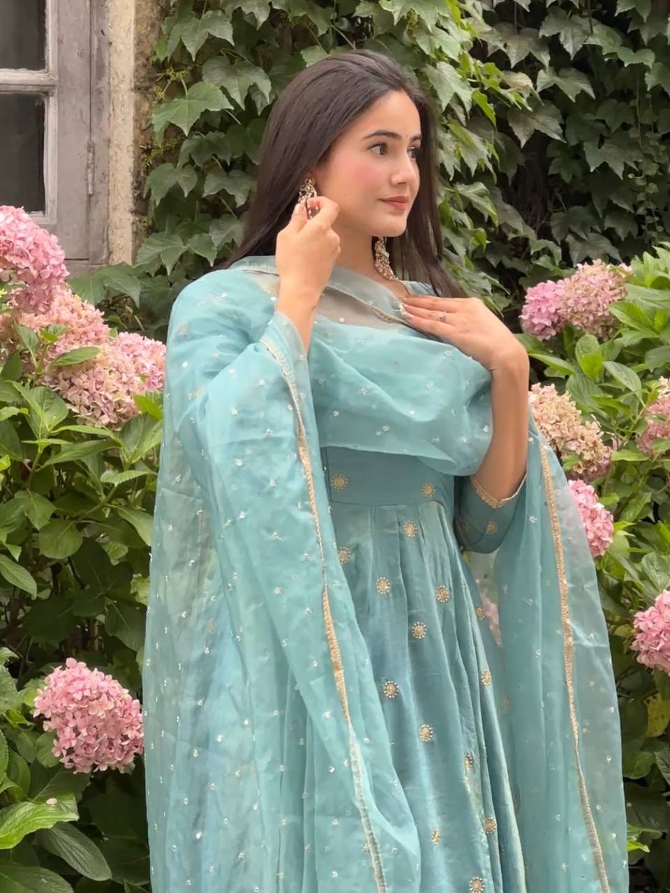 Wedding Wear Sky Blue Color Vichitra Silk Designer Anarkali Gown