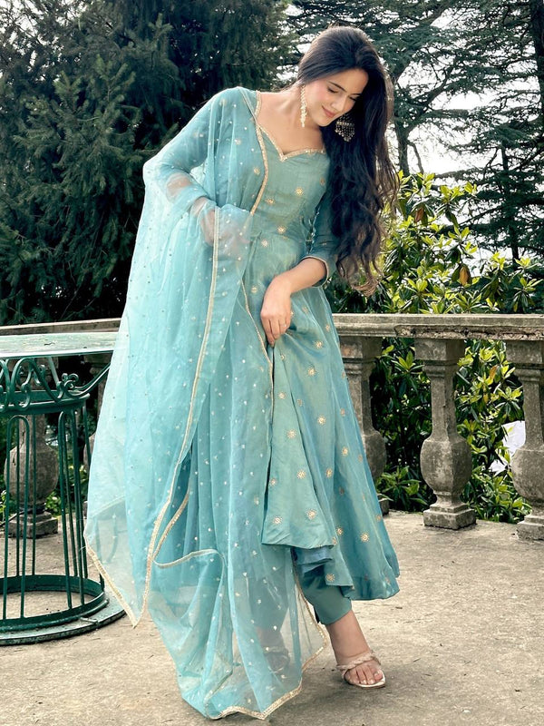 Wedding Wear Sky Blue Color Vichitra Silk Designer Anarkali Gown