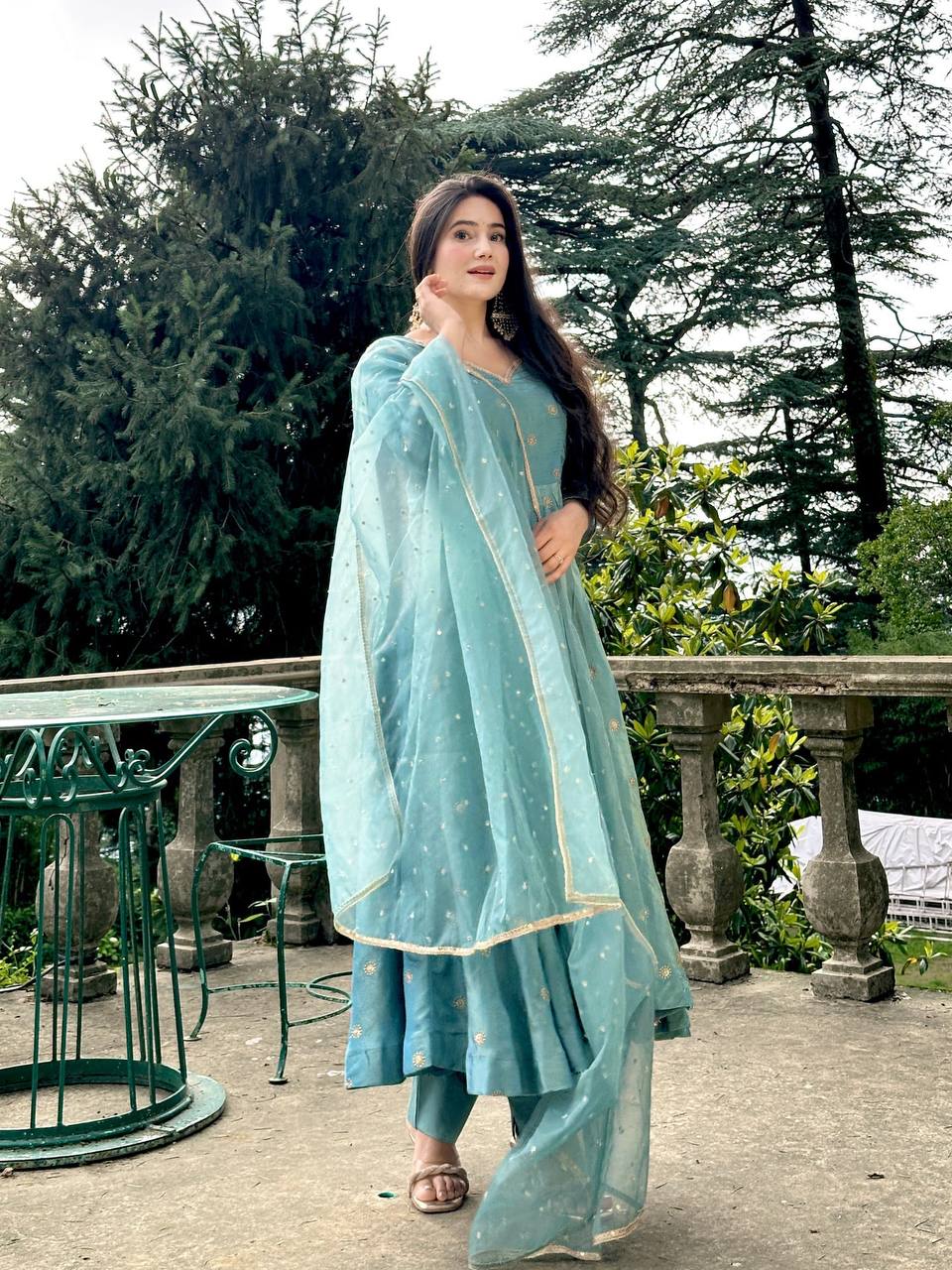 Wedding Wear Sky Blue Color Vichitra Silk Designer Anarkali Gown