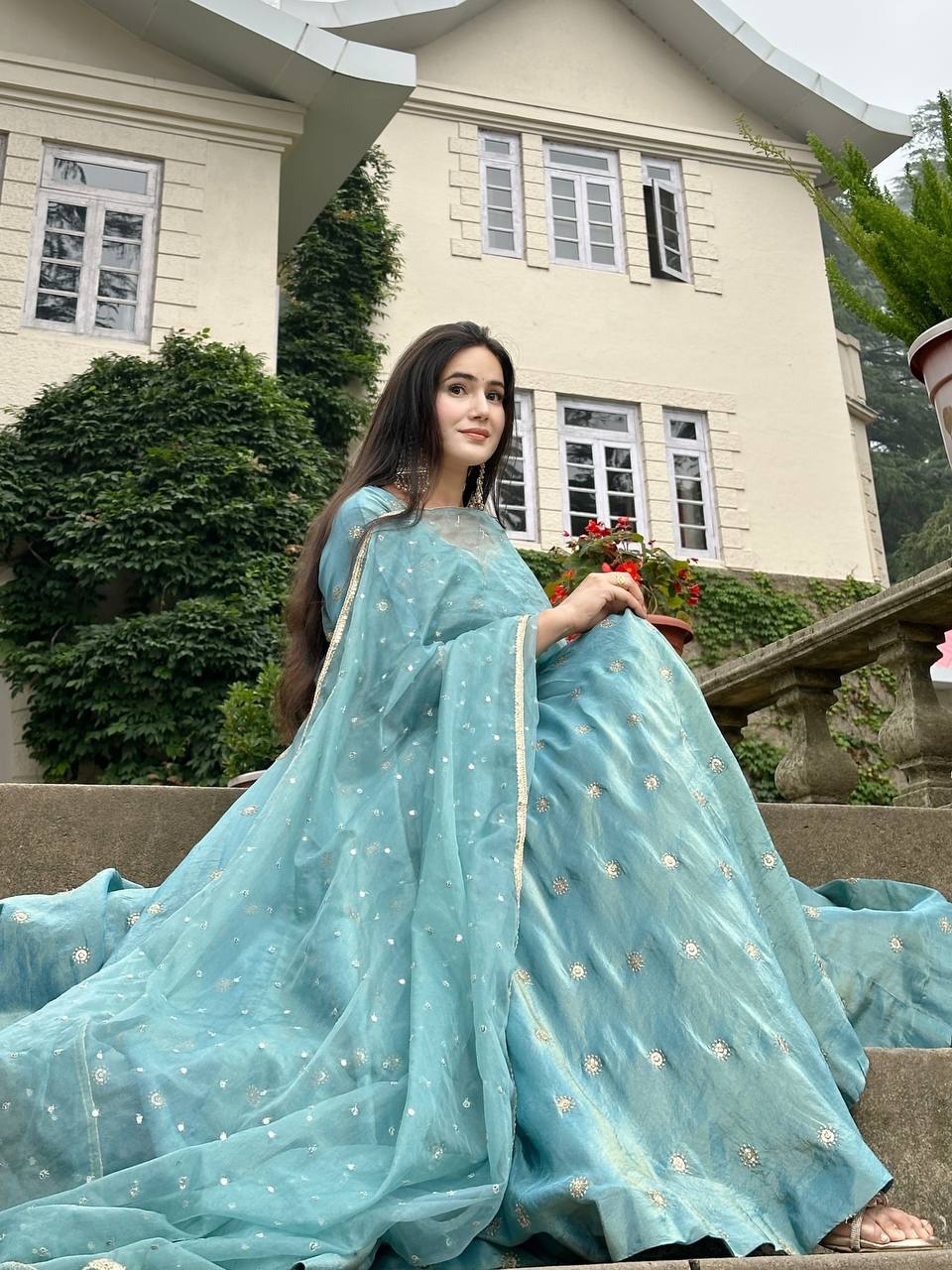 Wedding Wear Sky Blue Color Vichitra Silk Designer Anarkali Gown